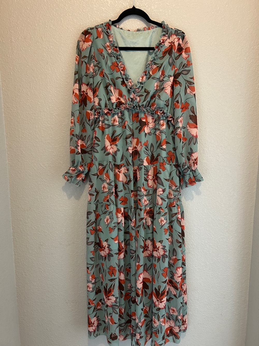 Floral Ruffled V‑Neck Maxi Dress in Sage Green size M